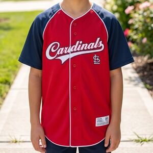 True Fan St. Louis Cardinals MLB Baseball Jersey Red Navy Blue Button Up STL